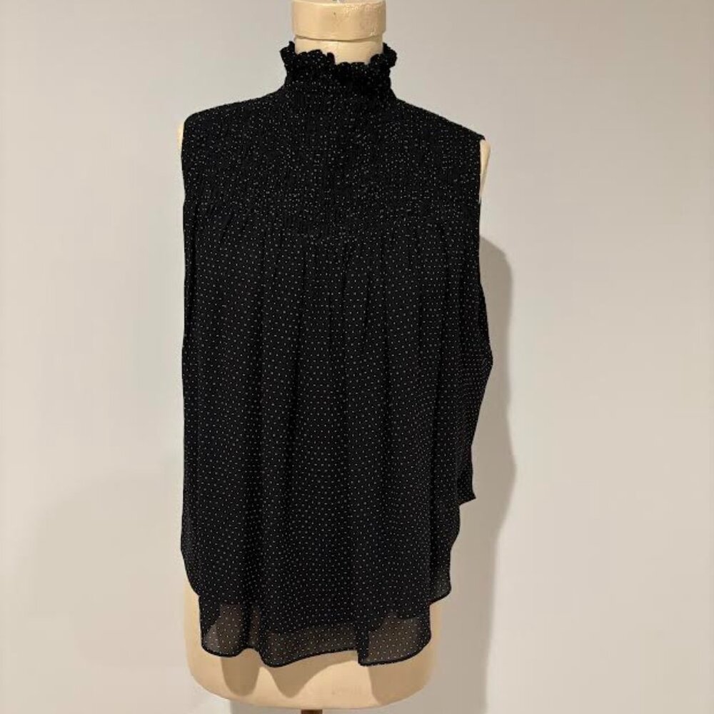 Frame Denim Smocked Mock Neck Polka Dot Blouse